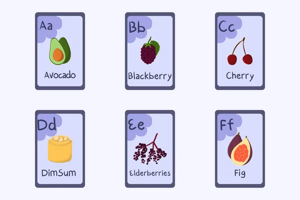 Красочная карточка алфавита буква A, B, C, D, E, F - авокадо, ежевика, вишня, димсам, бузина, инжир. — стоковый вектор