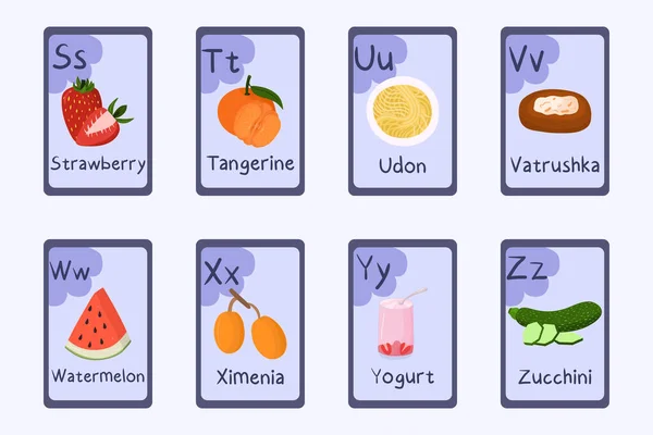 Цветной алфавит Буква S, T, U, V, W, X, Y, Z - клубника, мандарин, удон, ватрушка, арбуз, ксимения, йогурт, цуккини. — стоковый вектор