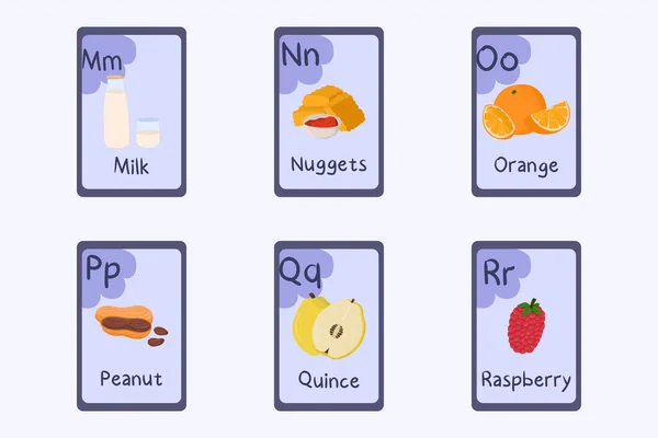Красочный алфавит Flashcard Буква M, N, O, P, Q, R - молоко, самородки, апельсин, арахис, айва, малина. — стоковый вектор