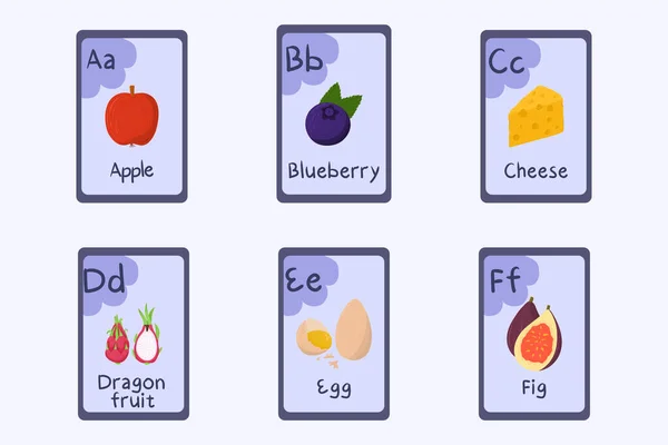 Красочная карточка алфавита Буква A, B, C, D, E, F - яблоко, черника, сыр, драконьи фрукты, яйцо, инжир. — стоковый вектор