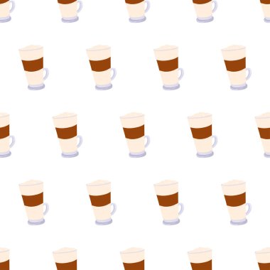 Duvar kâğıdı tasarımı için sıcak kahve ve latte ile el yapımı, pürüzsüz desen. Vektör izole illüstrasyonu.