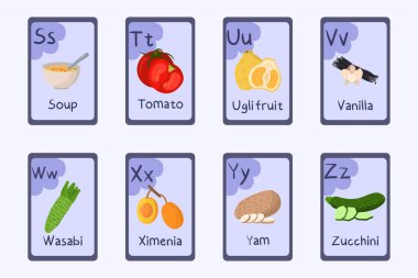 Renkli harf S, T, U, V, W, X, Y, Z - çorba, domates, ugli meyvesi, vanilya, wasabi, ximenia, tatlı patates, kabak.