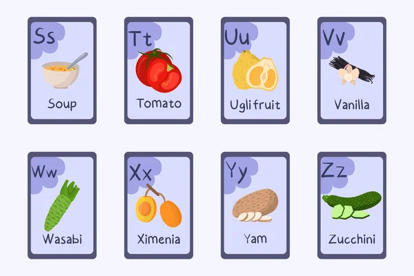 Цветной алфавит Буква S, T, U, V, W, X, Y, Z - суп, помидор, фрукты угли, ваниль, васаби, ксимения, ямс, цуккини. — стоковый вектор