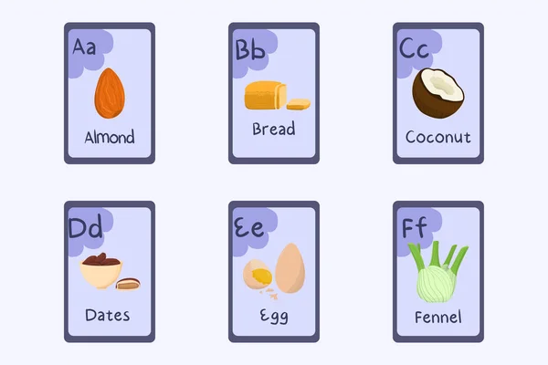 Красочный алфавит Flashcard Письмо A, B, C, D, E, F - миндаль, хлеб, кокос, даты, яйцо, фенхель. — стоковый вектор