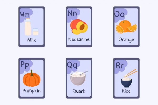 Красочная карточка алфавита буква M, N, O, P, Q, R - молоко, нектарин, апельсин, тыква, кварк, рис. — стоковый вектор