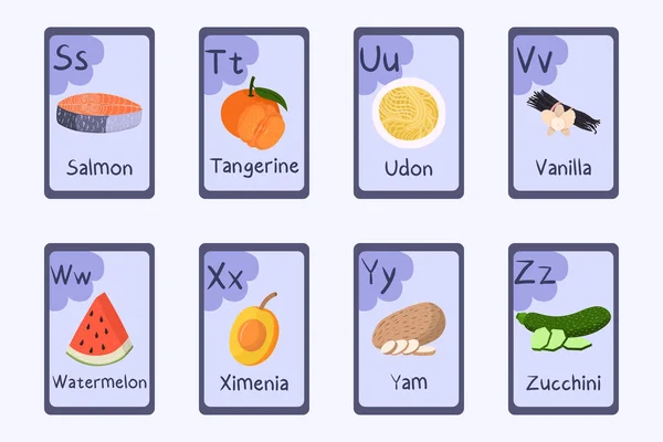 Цветной алфавит Буква S, T, U, V, W, X, Y, Z - лосось, мандарин, удон, ваниль, арбуз, ксимения, ямс, цуккини. — стоковый вектор