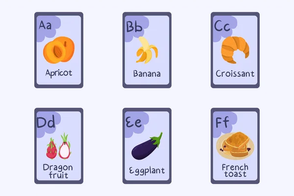 Fiche éclair alphabet coloré Lettre A, B, C, D, E, F - abricot, banane, croissant, fruit du dragon, aubergine, pain perdu. — Image vectorielle