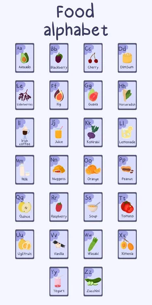 Цветной пищевой алфавит от А до Я. Пятый пункт. — стоковый вектор