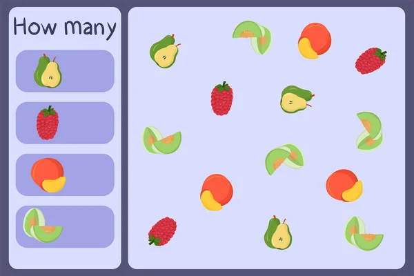 Děti matematické mini hra - spočítat, kolik ovoce - hrušky, maliny, nektarinky, medovice meloun. Vzdělávací hry pro děti. Šablona kresleného designu na barevném pozadí. — Stockový vektor
