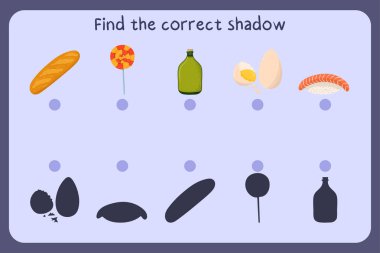 Çocukların eğitici oyunlarını yemekle eşleştirmek - baget, şeker, yağ, yumurta, suşi. Doğru gölgeyi bul.