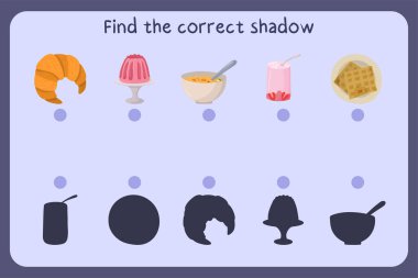 Çocukların eğitici oyunlarını yemekle eşleştirmek - kruvasan, jöle, çorba, yoğurt, waffle. Doğru gölgeyi bul.