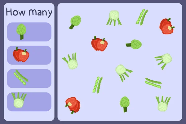 Mini-jeu mathématique pour enfants - compter combien de légumes - artichaut, poivre, haricot, fenouil. Jeux éducatifs pour les enfants. Modèle de conception de bande dessinée sur fond coloré. — Image vectorielle