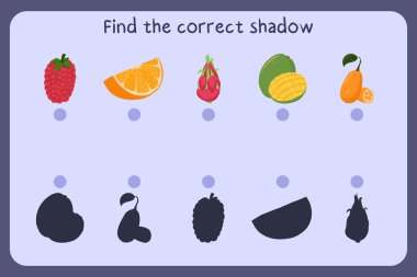 Çocukların eğitici oyunlarını yemekle eşleştiriyoruz. Ahududu, portakal dilimi, ejderha meyvesi, mango, kumkat. Doğru gölgeyi bul.
