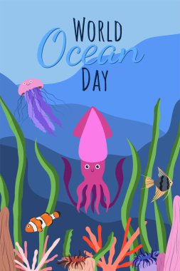 Mavi arka planda çizgi film tarzında bir dünya okyanusu günü. Şirin mürekkep balığı, denizanası, palyaço balığı ve skaler, deniz yosunu ve mercanla birlikte..
