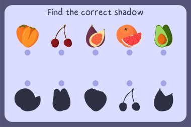 Çocukların eğitimsel oyunlarını yemekle eşleştiriyoruz. Hurma, kiraz, incir, greyfurt, avokado. Doğru gölgeyi bul.