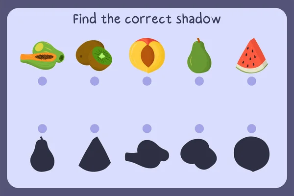 Сочетание детской образовательной игры с едой - папайя, киви, нектарин, груша, арбуз. Найти правильную тень. — стоковый вектор