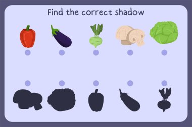 Çocukları eğitme oyununu yiyecekle eşleştiriyoruz - biber, patlıcan, kohlrabi, mantar, lahana. Doğru gölgeyi bul.