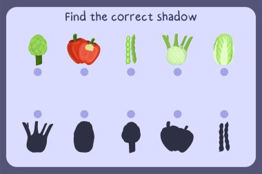 Çocukların eğitici oyunlarını yemekle eşleştiriyoruz. Enginar, biber, fasulye, rezene, Napa lahanası. Doğru gölgeyi bul.