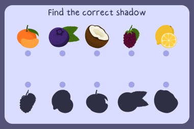 Çocukların eğitici oyunlarını yemekle eşleştirmek - mandalina, yabanmersini, hindistan cevizi, böğürtlen, limon. Doğru gölgeyi bul.