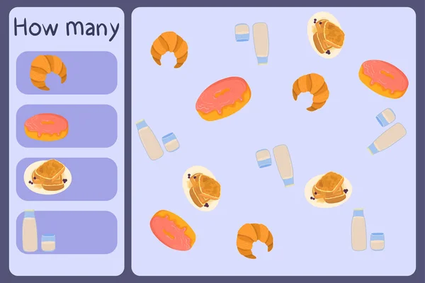 Mini-jeu mathématique pour enfants - compter combien d'aliments - croissant, beignet, pain grillé, lait. Jeux éducatifs pour les enfants. Modèle de conception de bande dessinée sur fond coloré. — Image vectorielle