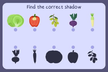 Matching children educational game with food - iceberg cabbage, pepper, olive, kohlrabi, daikon . Find the correct shadow.