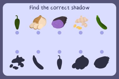 Matching children educational game with food - jalapeno, jicama, ube, ginger, zucchini. Find the correct shadow.