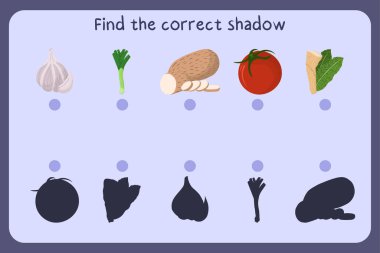 Çocukları eğitme oyununu yiyecekle eşleştirmek - sarımsak, pırasa, yer elması, domates, yabanturpu. Doğru gölgeyi bul.