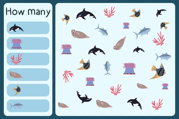 Niños mini juego matemático - contar cuántos animales marinos - orcas, anémonas, corales, focas, escalares, atún. — Vector de stock