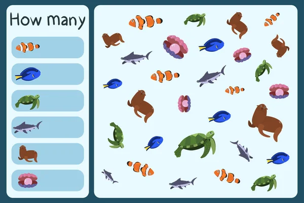 Niños mini juego matemático - contar cuántos animales marinos - pez payaso cirujano, tortuga, tiburón jorobado, sello de piel, con perla. — Vector de stock