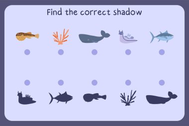 Çocukları deniz hayvanlarıyla eğitme oyunu - kirpi balığı, mercan, sperm balinası, ton balığı.