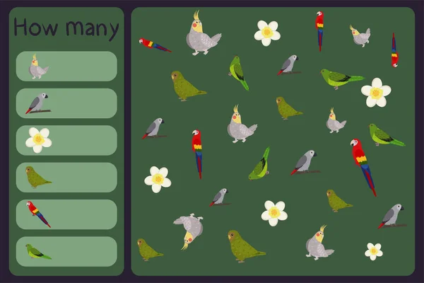 Παιδικό μαθηματικό μίνι παιχνίδι - μετρήστε πόσους παπαγάλους και τροπικά λουλούδια - cocatiel, jaco, λουλούδι, macaw. Εκπαιδευτικά παιχνίδια για παιδιά. — Διανυσματικό Αρχείο