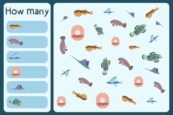 Çocukların matematiksel mini oyunu - kaç tane deniz hayvanı - kirpi balığı, denizayısı, uçan balık, armut, stringray, mandarin. — Stok Vektör