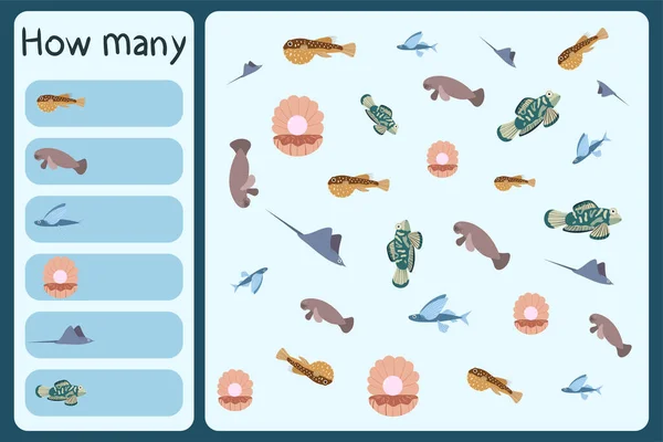 เกมมินิคณิตศาสตร ์ เด ็ ก - นับจํานวนสัตว ์ ทะเล - ปลาพัฟเฟอร ์, มะเขือเทศ, ปลาบิน, ปลาที่มีลูกแพะ, เรียว, แมนดาริน . — ภาพเวกเตอร์สต็อก