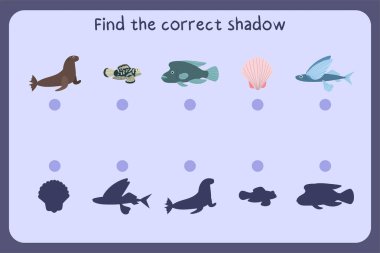 Matching children educational game with sea animals - sea lion, mandarin, humpnead wrasse, shall, flying fish.