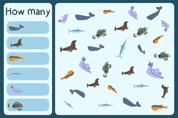 Kids mathematical mini game - count how many sea animals - spermwhale, sea lion, puffer fish, swordfish, mandarin. — Vector de stock