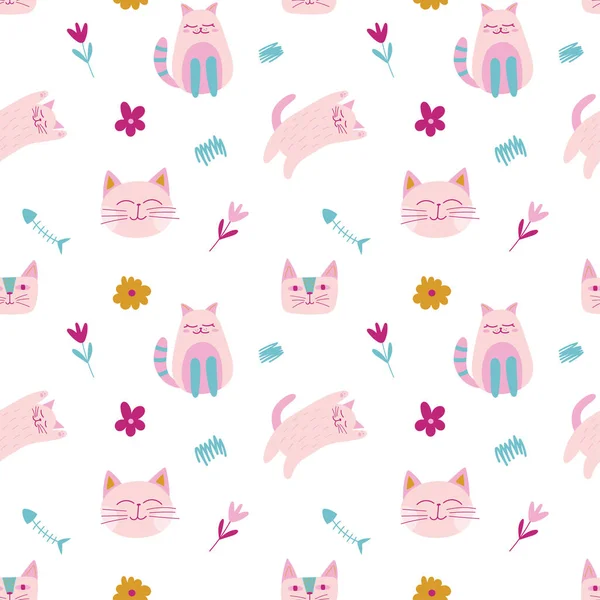 Childish seamless pattern with pink color girly cat, flower, fish skeleton in cartoon style. — Stock Vector