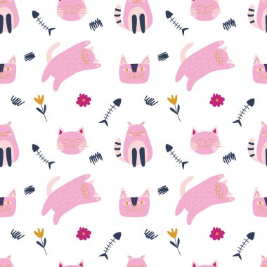 Kedi pembesi ve mavi renkli çocuksu desenli, çizgi film tarzında balık ve çiçekler..