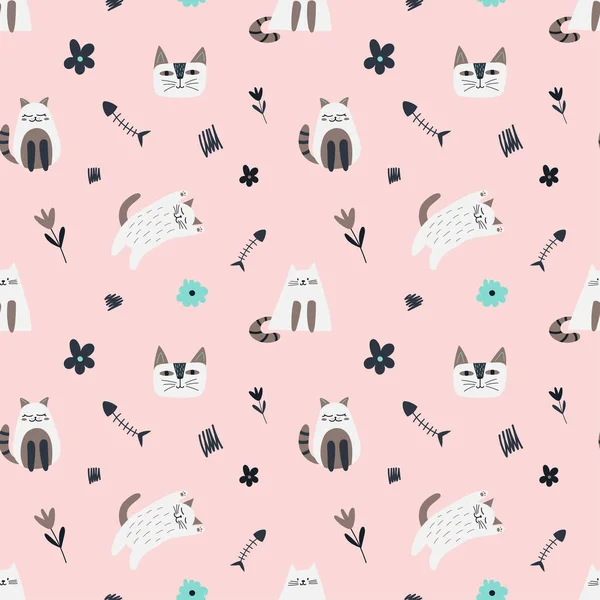 Childish seamless pattern with lazy cat on cream color backdrop, flowers and fish skeleton in cartoon style. — Stock Vector