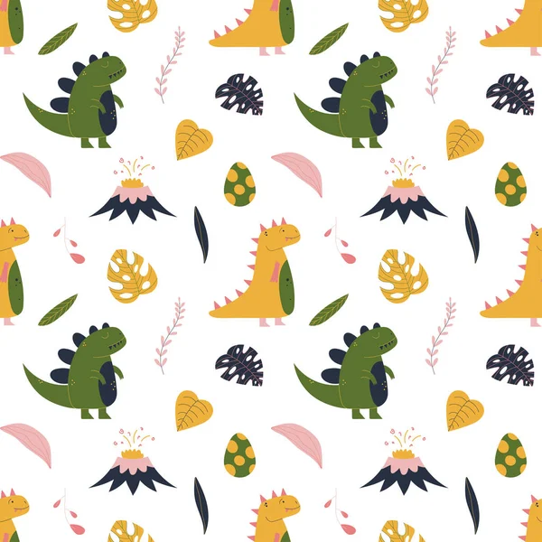 Cute hand drawn seamless pattern with yellow and green dinosaur, tropical leaf, volcano and dino egg. — Stock Vector