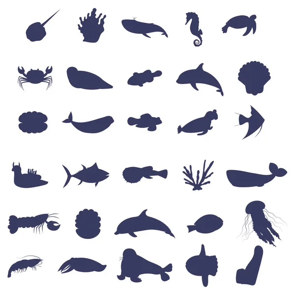 Conjunto de silueta de animales marinos sobre fondo blanco. Parte 1. — Vector de stock