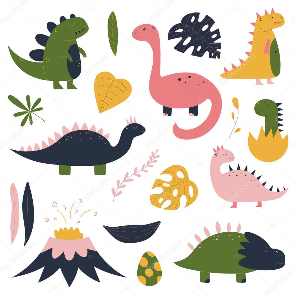 Colorful hand drawn set with dinosaur, tropical leaves, volcano, baby dino in egg. Colorful design for kid nursery.