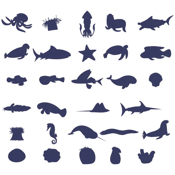 Conjunto de silueta de animales marinos sobre fondo blanco. Parte 2 — Vector de stock