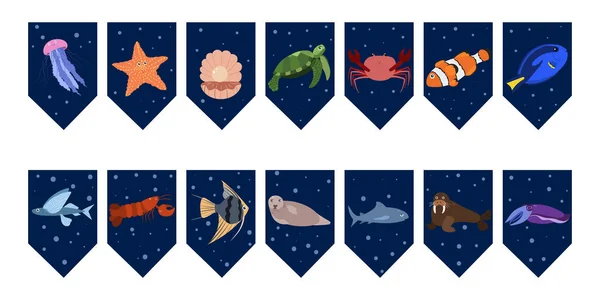 Guirnalda de banderas para la fiesta de cumpleaños con animales marinos sobre un colorido fondo azul oscuro. Medusas, tortugas y cangrejos, tiburones. — Vector de stock