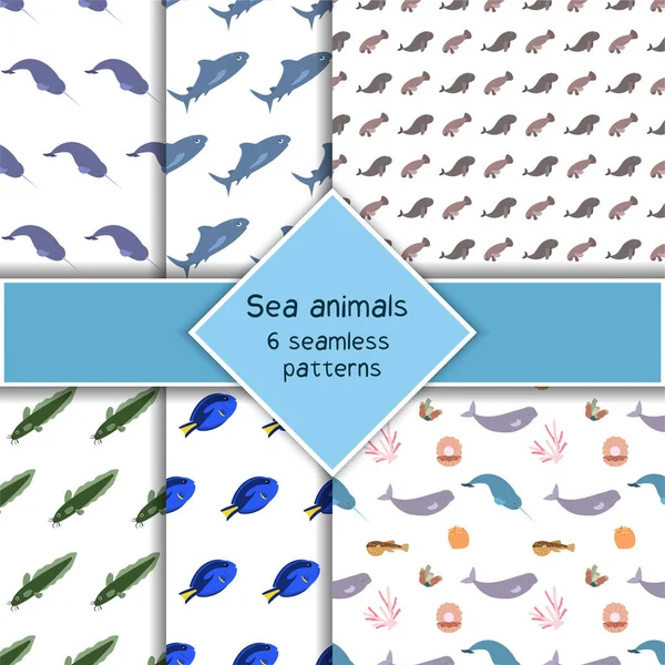 Ensemble avec six animaux marins motif sans couture avec des poissons chirurgiens, narval et requin, corail. Empreinte habitants monde sous-marin. — Image vectorielle