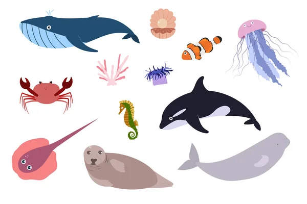 Conjunto de animales marinos: focas de ballena, caballitos de mar de medusas de cangrejo. Mundo submarino habitantes imprimir. — Vector de stock