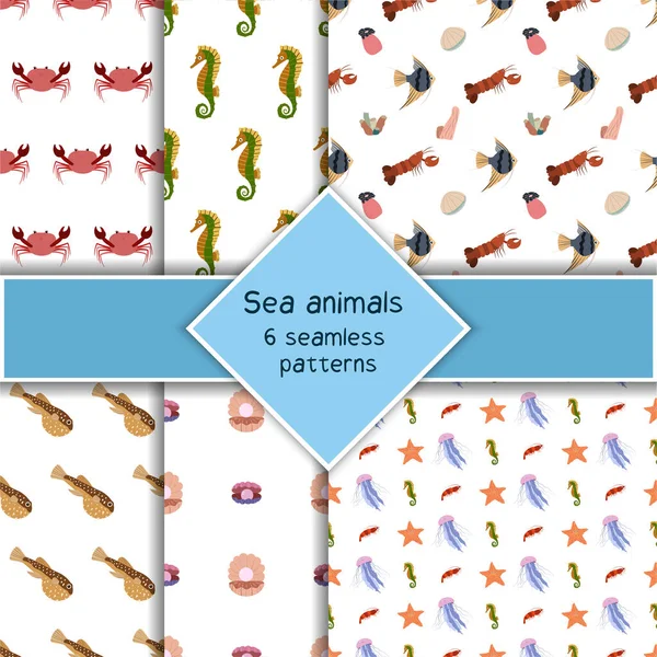 Ensemble avec six animaux de mer motif sans couture avec hippocampe de crabe, omar étoile de mer, méduses. Empreinte habitants monde sous-marin. — Image vectorielle
