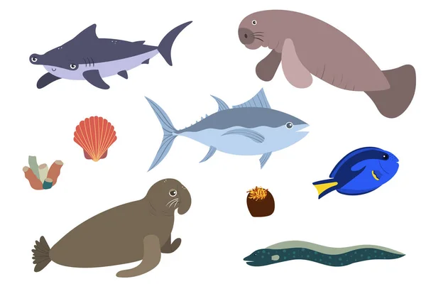 Conjunto de animales marinos - tiburón jorobado atún elefante marino cirujano manatíes. Mundo submarino habitantes imprimir. — Vector de stock