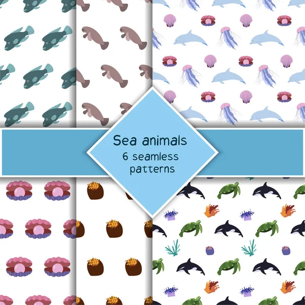 Ensemble avec six animaux marins motif sans couture avec épaulard, tortue et dauphin, méduses seahell avec perle. — Image vectorielle