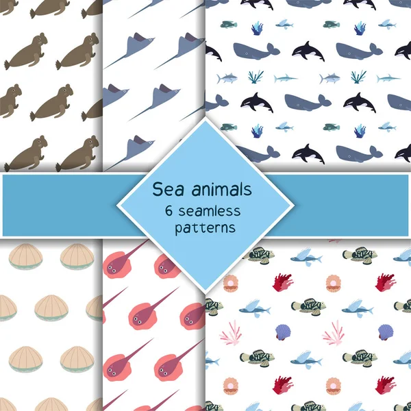 Ensemble avec six animaux de mer motif sans couture avec baleine, éléphant de mer, stringray et coquillage. Empreinte habitants monde sous-marin. — Image vectorielle