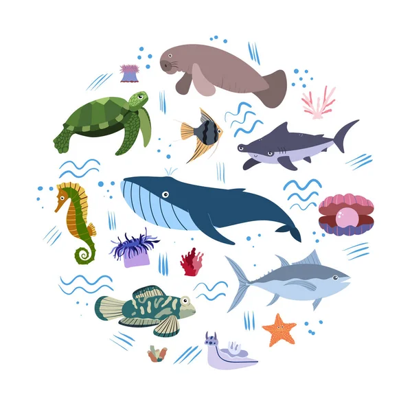 Plantilla de diseño con animal marino en círculo para impresión infantil. Composición redonda de animales marinos, tortugas y caballitos de mar, ballenas, atunes y tiburones jorobados. — Vector de stock